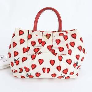 Prada Tessuto Nylon Ribbon Motif Heart Pattern Leather Handbag Tote Bag for W...